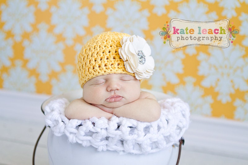20% OFF SALE - Organic Cotton & Soy Beanie Hat - Yellow Hat with Ivory Flower and Rhinestone - Fancy Newborn Photo Prop