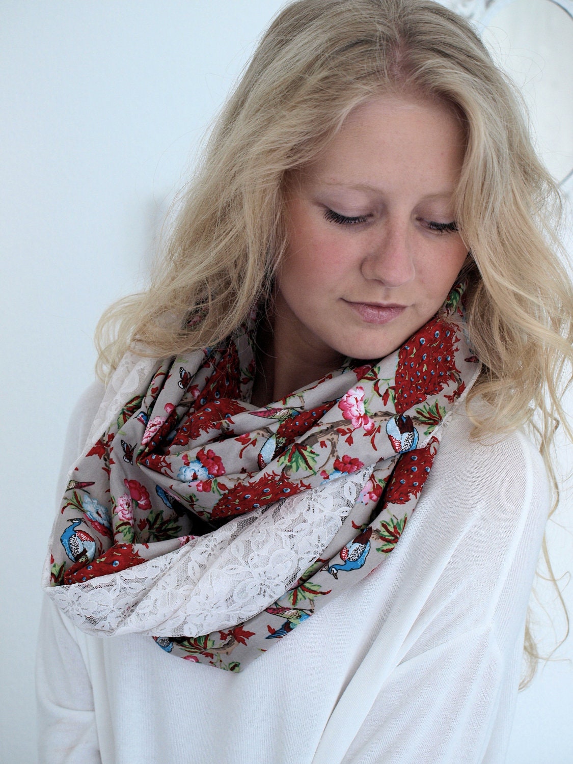 Lace Infinity Scarf Ivory Lace and Peacock Taupe Floral Women's Loop Scarf Ivory Lace fashion 2013