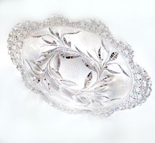 Vintage American Brilliant Glass Centerpiece Bowl. Cr.1910. Sawtooth Scalloped Edge, Etched Rose and Cane Pattern I Take CREDIT CARDS