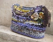SALE --- OOAK crocheted handbag ... Purple, brown, grey, yellow... eco friendly  ... Fabric and plarn crocheted tote