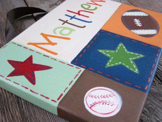 all star matthew, small 9x12, boys sports theme hand painted stretched canvas wall art