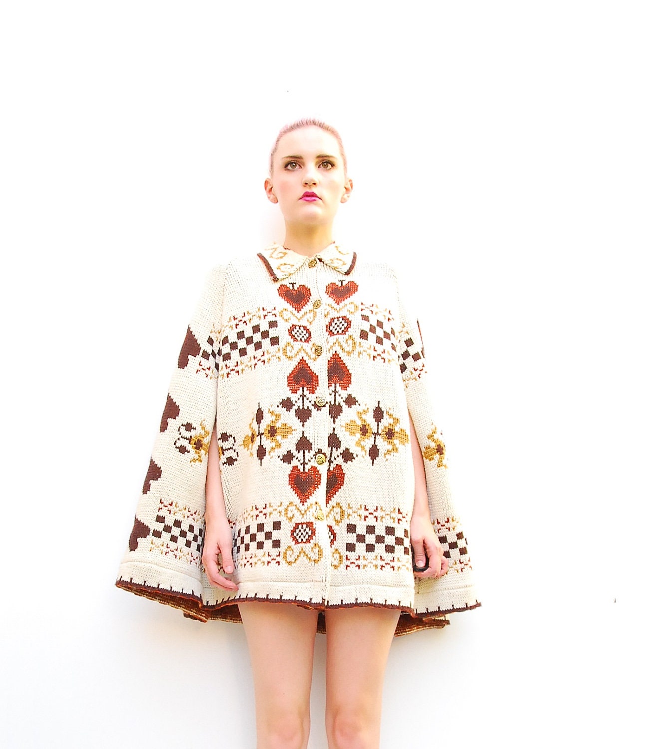 60s Folk Cape - Folk Poncho - Folk Capelet - Fall Fashion - Sweater Knit Cape - 1960s Folk Art - Ivory // Brown - S M L ONE SIZE