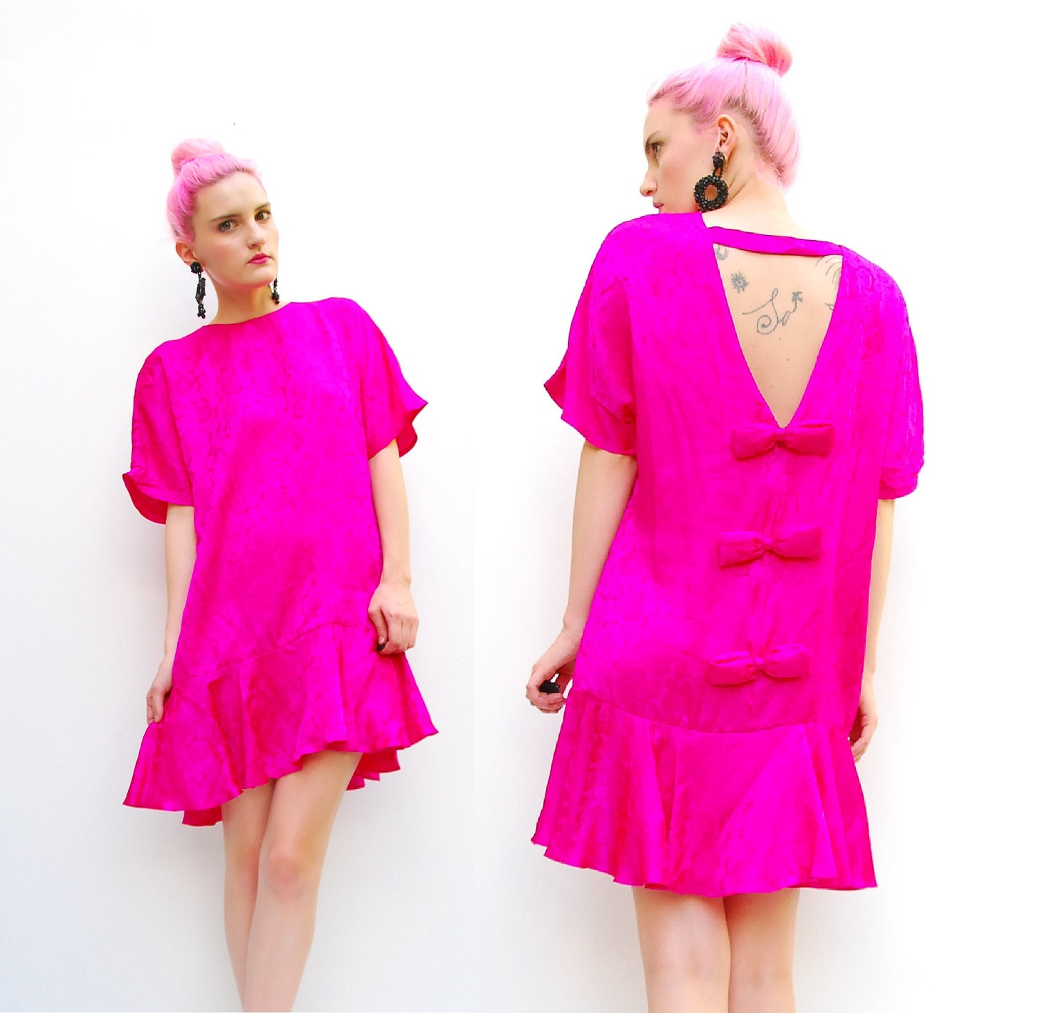 80s does 20s Pink Silk Floral Dress - Oversized Dropped Waist Dress with Bows - 1980s Hot Pink Dress - Slouch Dress - S M 6 8 10 12