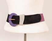 1980s Wide Suede Belt / Colorblocked Waist Cinch - Womens S / M  - Black Grey Purple Violet 80s Waist Belt Size 27 to 30