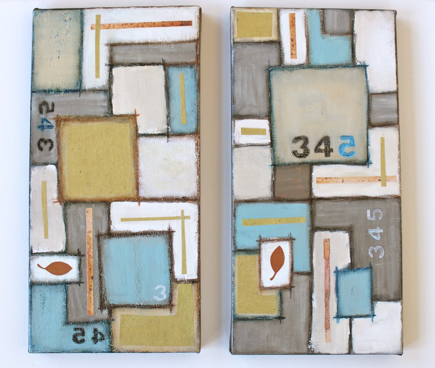 mid century modern blue beige brown yellow original paintings squares geometric