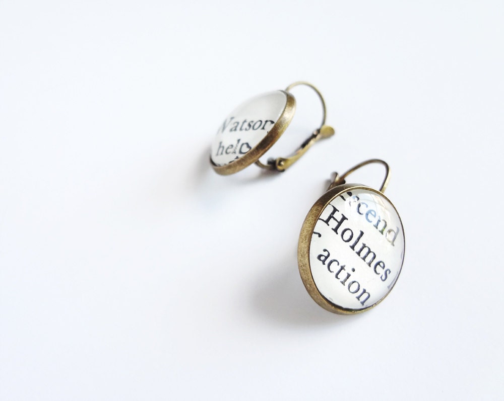 Drop earrings, Sherlock Holmes, recycled books, words, minimal