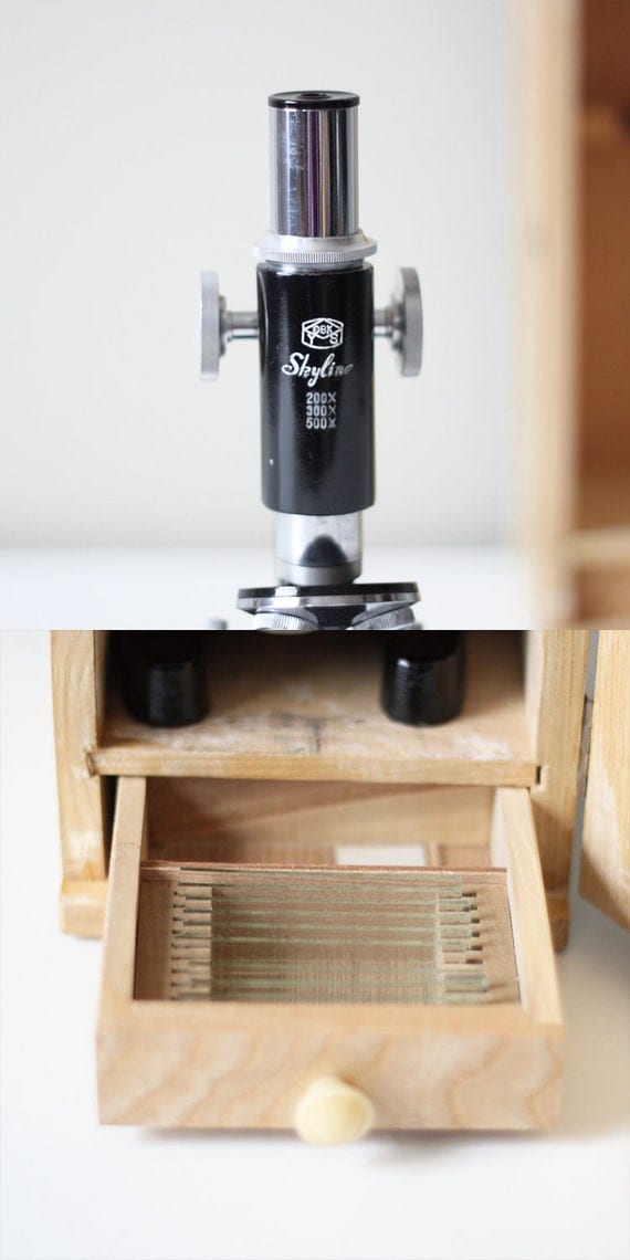 vintage skyline black microscope with cabinet