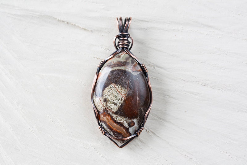 Mushroom Jasper Pendant - Marquis Wire Wrapped Stone Framed in Antiqued Copper - Minimalist Artisan Wirework Wire Wrapped Jewelry Handmade