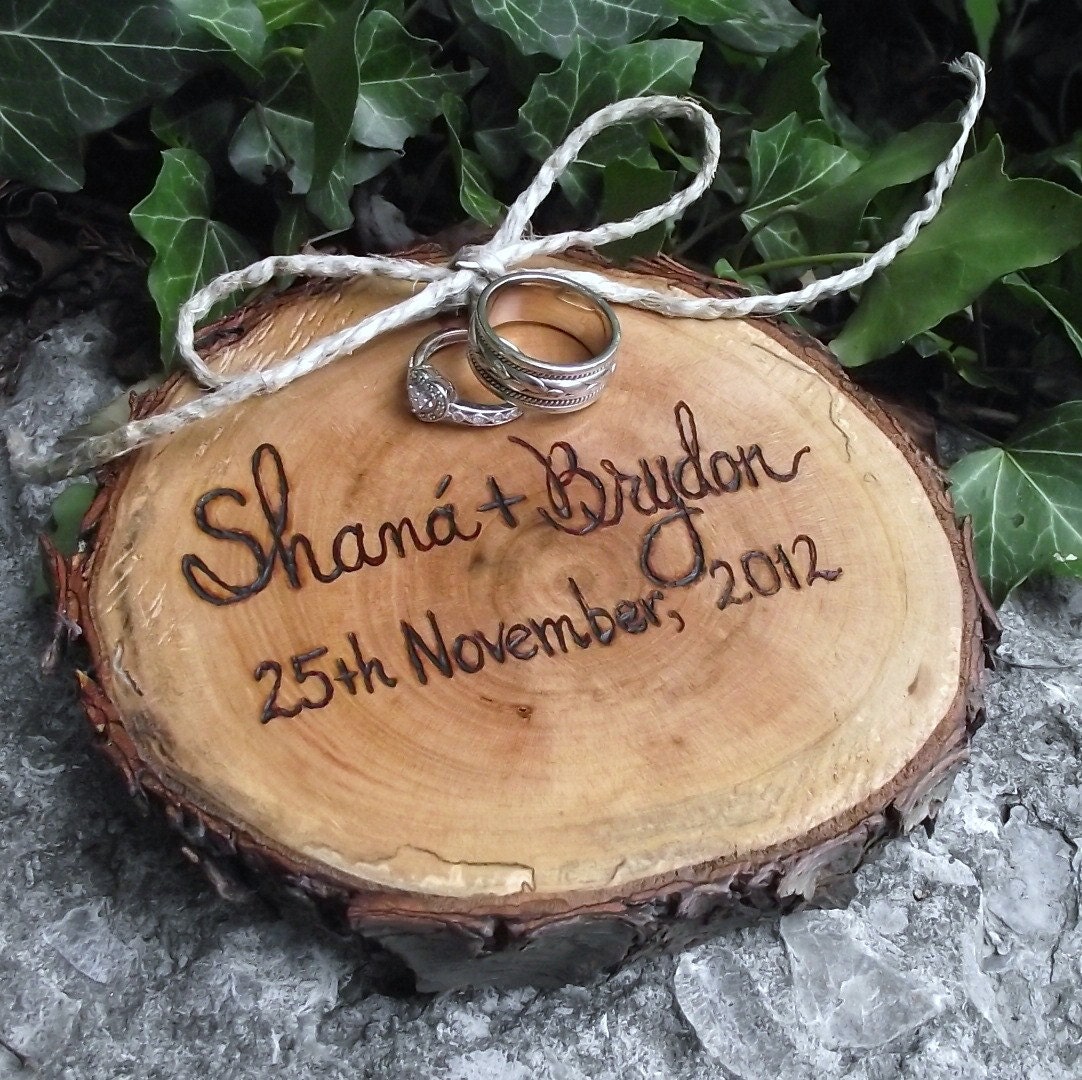 Personalized Wood Ring Bearer Pillow - Eco-Friendly Wood Burned Ohio Cherry Wood - Rustic Eco-Chic for Outdoor Cottage or Woodland Wedding