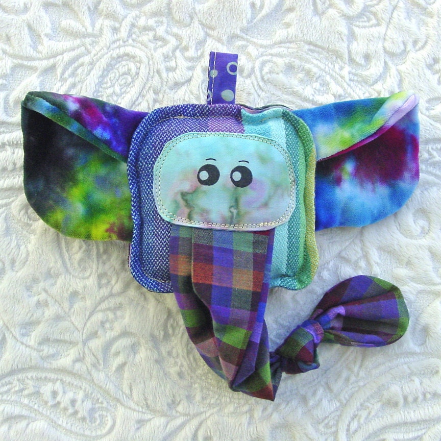 RR Rainbow Wrap Scrap Elephant Rattle Plush - Knotted Toy - Hand Dyed Cotton Velveteen - Attachable Toy