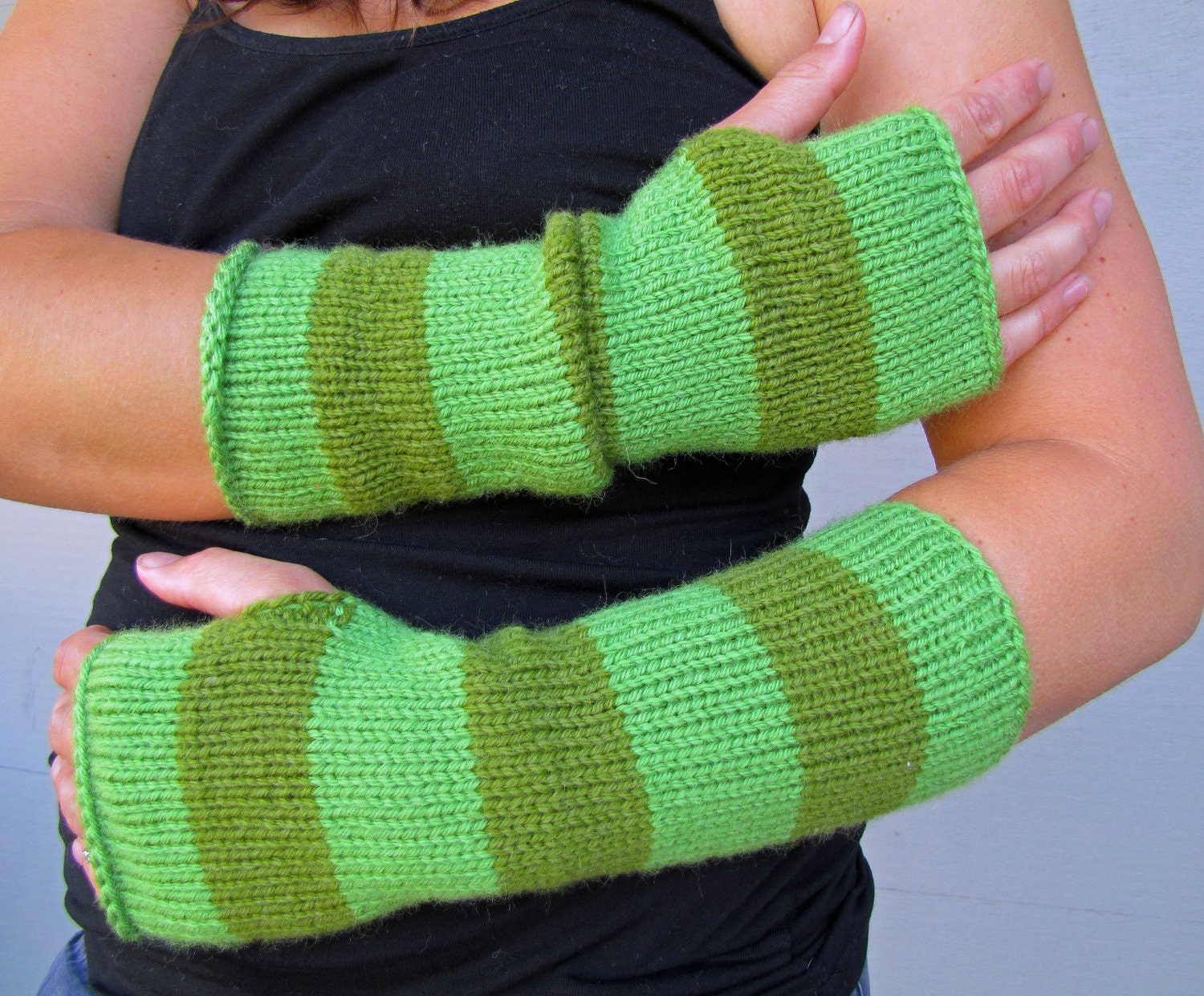 Bright green wide striped long fingerless gloves