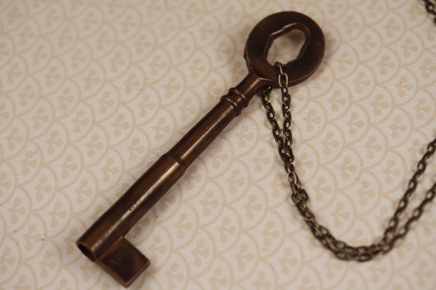Vintage Skeleton Key Necklace, Long Old Brass Pendant, Antiqued Jewelry, Metal Jewellery