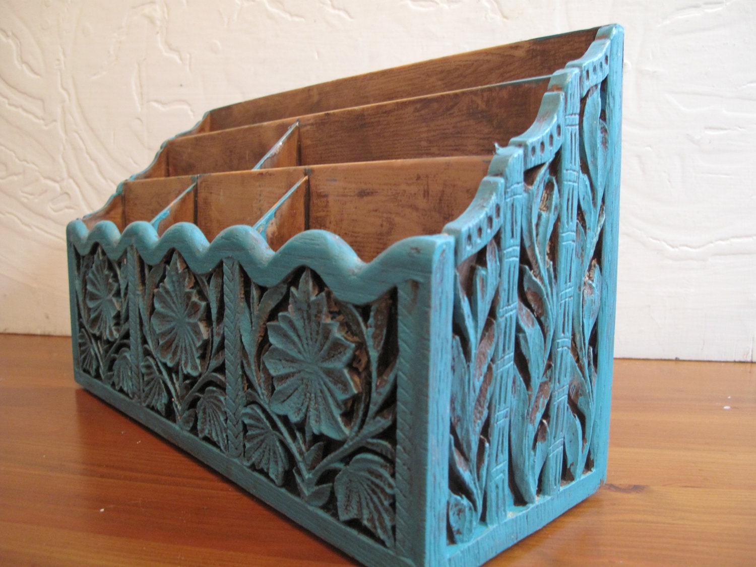 UPcycled Vintage Desk Organizer, Craft Storage, Card HOlder, Handfinished, Distressed in Turquoise