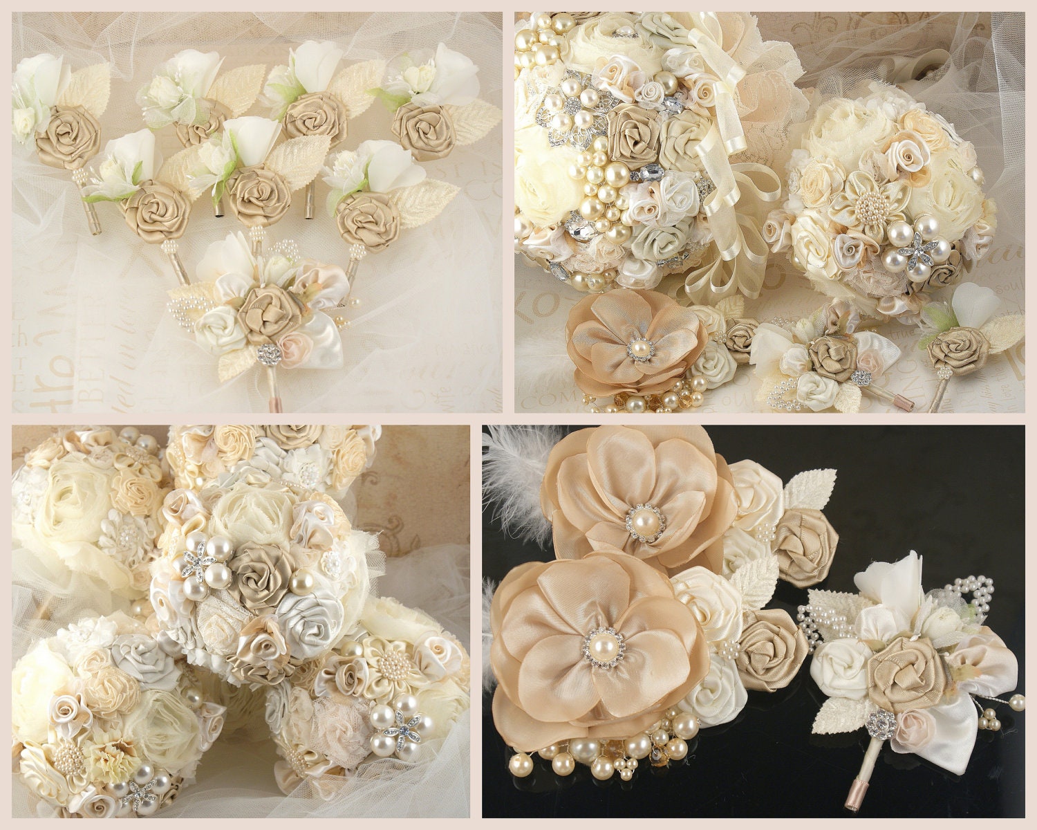 Bridesmaids Brooch Bouquets Wedding Bouquet  in Champagne and Ivory