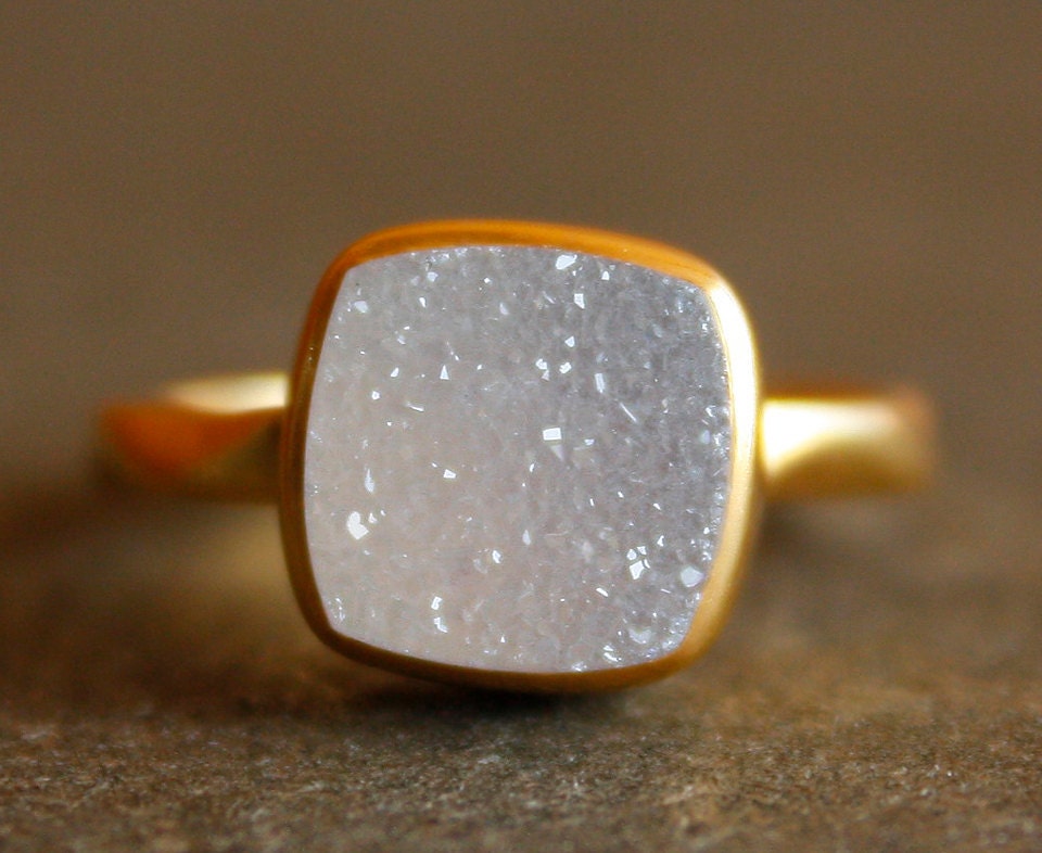 Gold White Druzy Ring - Cushion, Square Cut - Stacking Ring, AAA quality Agate Druzy