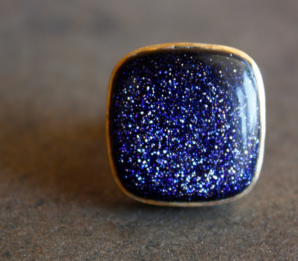 Gold Midnight Sunstone Ring - Cushion, Square Ring - Adjustable, Into the Galaxy