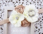 Ivory and Gold Headband, Satin Chiffon & Hydrangea Flowers w/ Rhinestones and Cameo Headband or Hair Clip, Photo Prop, Child Girls Headband