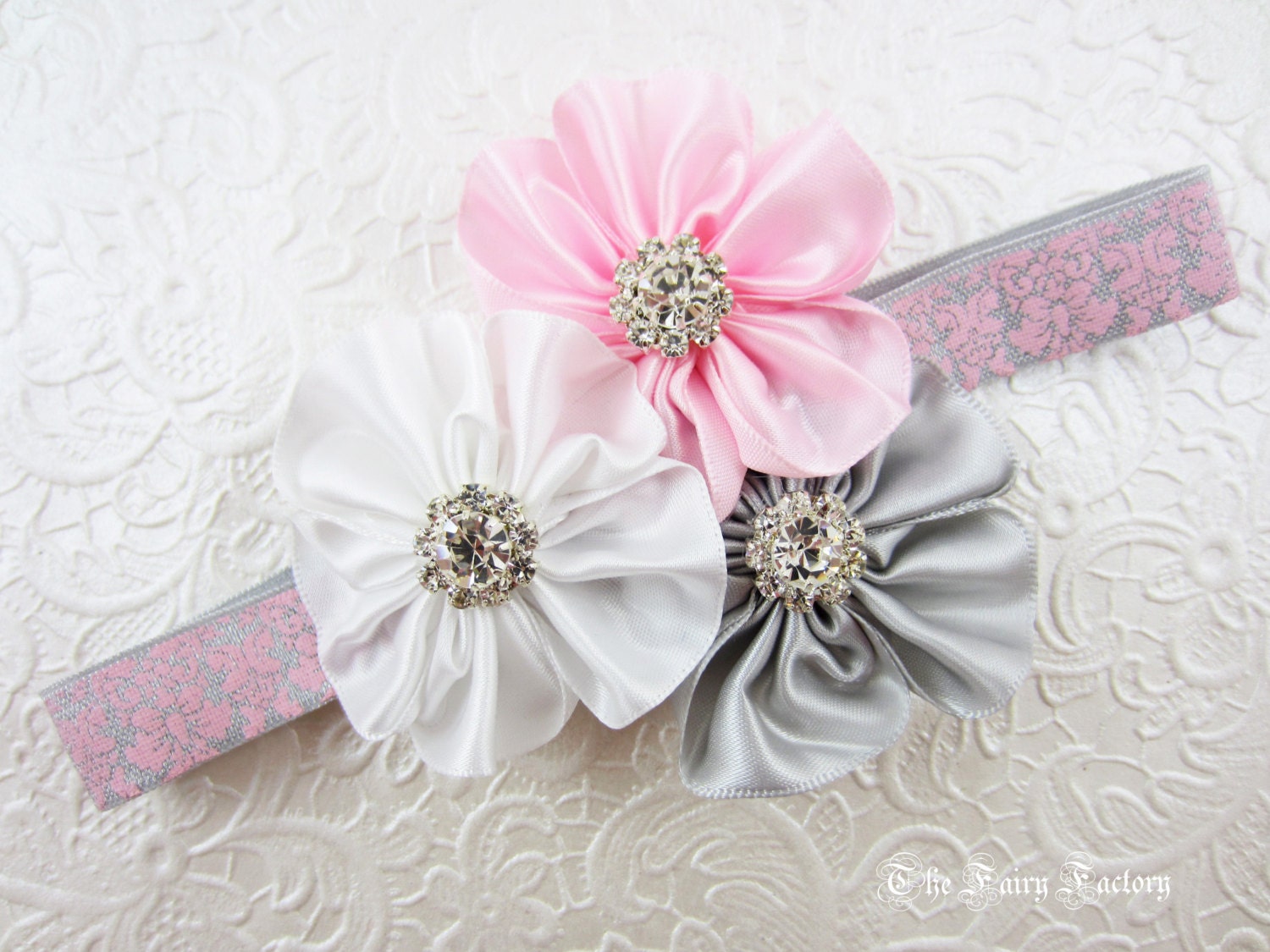 Baby Headband, Pink Gray & White Satin Flower Trio w/ Rhinestones Damask Headband or Hair Clip, Photo Prop, Baby Child Girls Headband