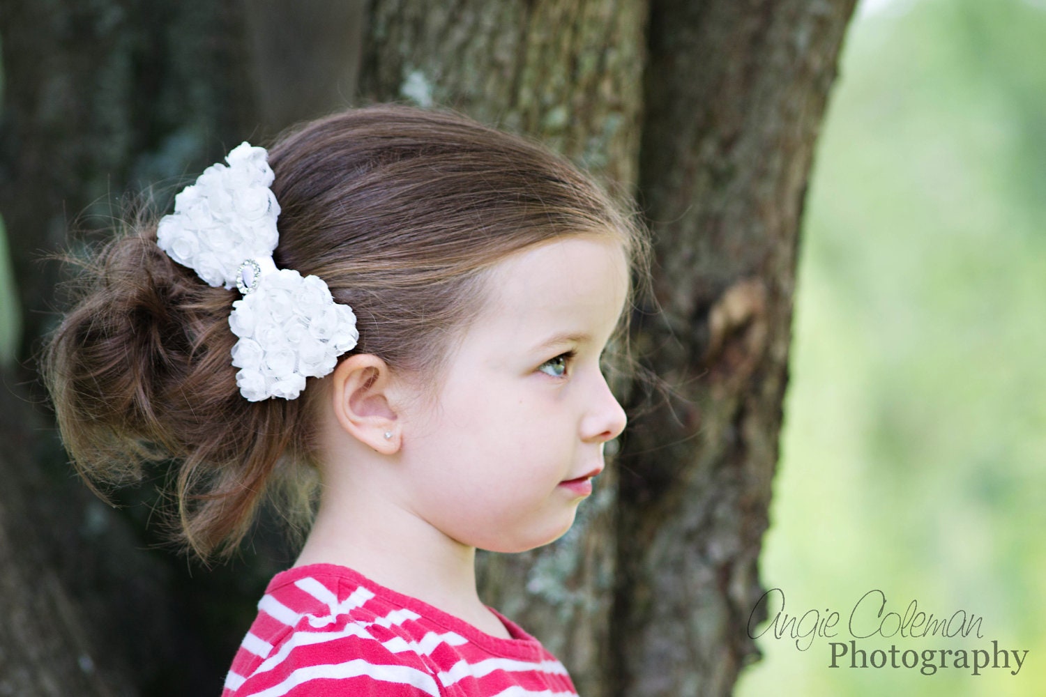 Girls Hair Bow - White Shabby Rose Hair Bow With Brillant Sprakling Slider Center
