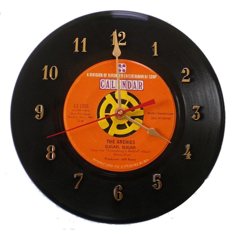 45 Record Clock The Archies "Sugar Sugar" Recycled Vinyl Music Collectible