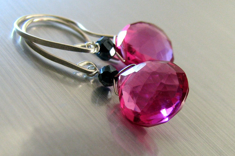 Raspberry Earrings, Rubilite, Black, Hot Pink Gemstone Charm, Sterling Silver, Cabernet, Fashion Accessory - Electric
