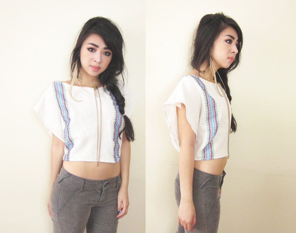 Handmade Cropped Hippie Mexican Embroidered White Blouse XS S