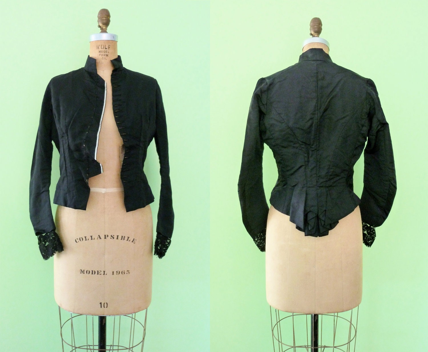 Victorian Bustle Jacket Black Silk Bodice Lace Trim Antique 1800s