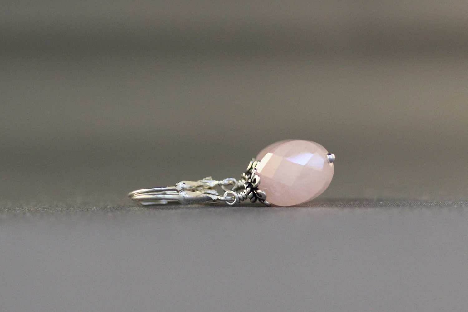 Faceted Pink Rose Quartz Oval Earrings with Bali Silver Caps
