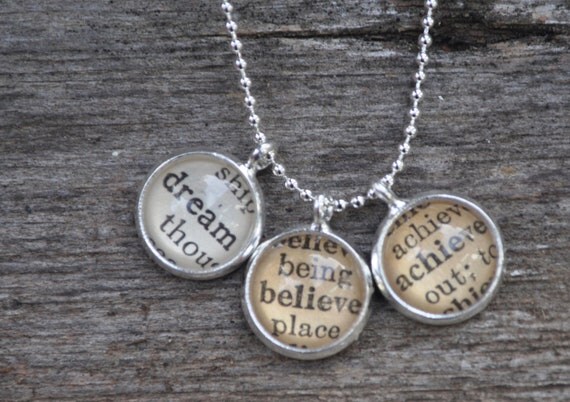 BLACK FRIDAY SALE Vintage Dictionary Word Necklace Pendant Dream Believe Achieve