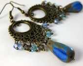 chandelier earrings, persian blue, czech glass, brass, bollywood, gypsy, boho fashion