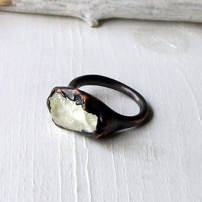 Copper Ring Hiddentite Celadon Gem Stone Crystal Artisan Handmade