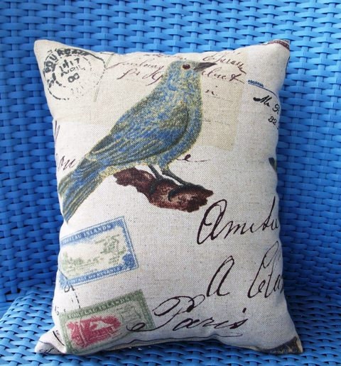 Decorator pillow, Blue Bird, Paris, Stamp Motif, Linen weave Cotton