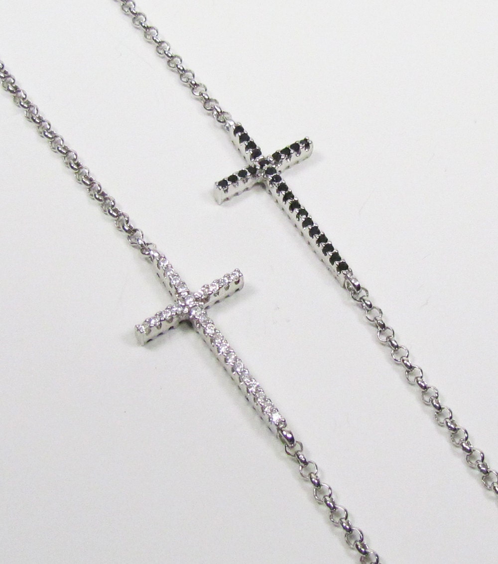 CZ  Sideways Cross Bracelet, REVERSIBLE,  Black and Clear, sterling silver