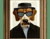 Heisenbeagle Beagle with hat mustache and hat illustration beautifully upcycled dictionary page book art print