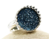 Druzy Ring, Sterling Silver, Sparkle Crystal Stone, Titanium Blue, Handmade Quartz Jewelry-made to order in your size