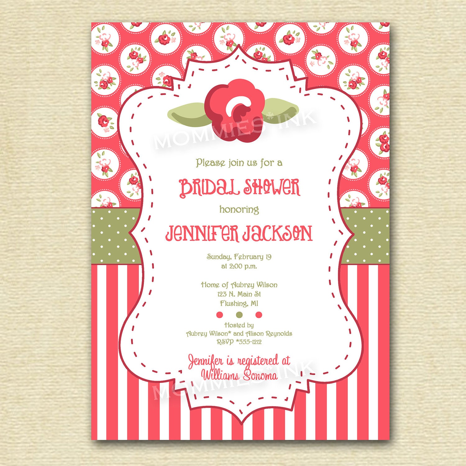 Vintage Cottage Roses and Stripes Bridal Shower Invitation - PRINTABLE INVITATION DESIGN Il_170x135