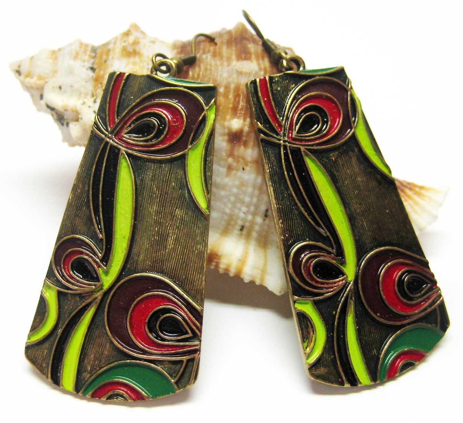 Brass Earrings - Art Deco - Dark Pink - Lime Green - Dangle