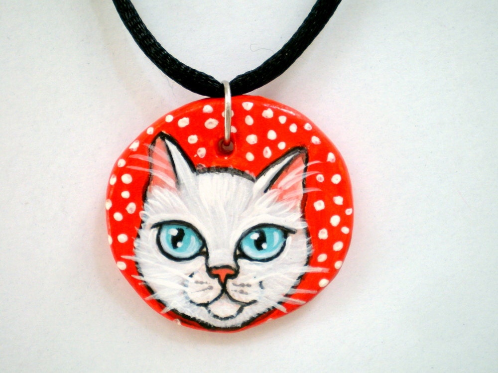 Polka Dot White Cat  Necklace, original art pendant