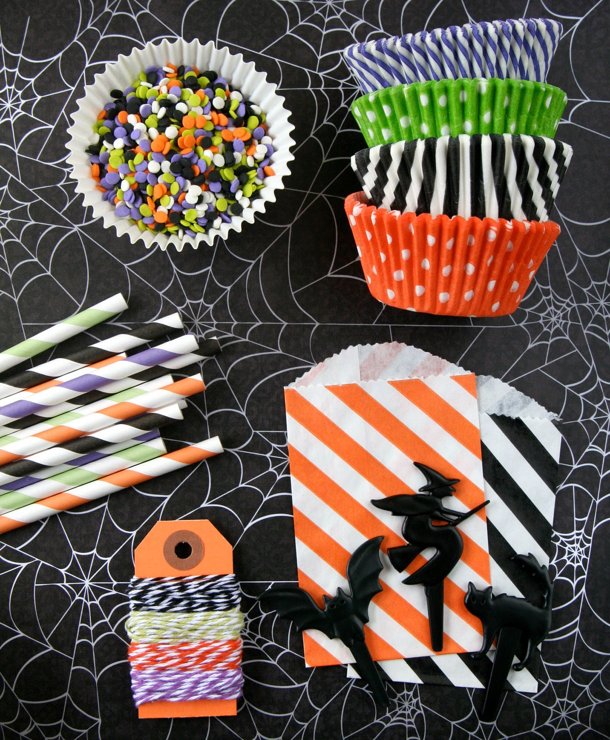 Halloween Party Kit - Cupcake Liners, Striped Straws, Bakers Twine, Cupcake Toppers - Black, Orange, Purple and Green Il_170x135