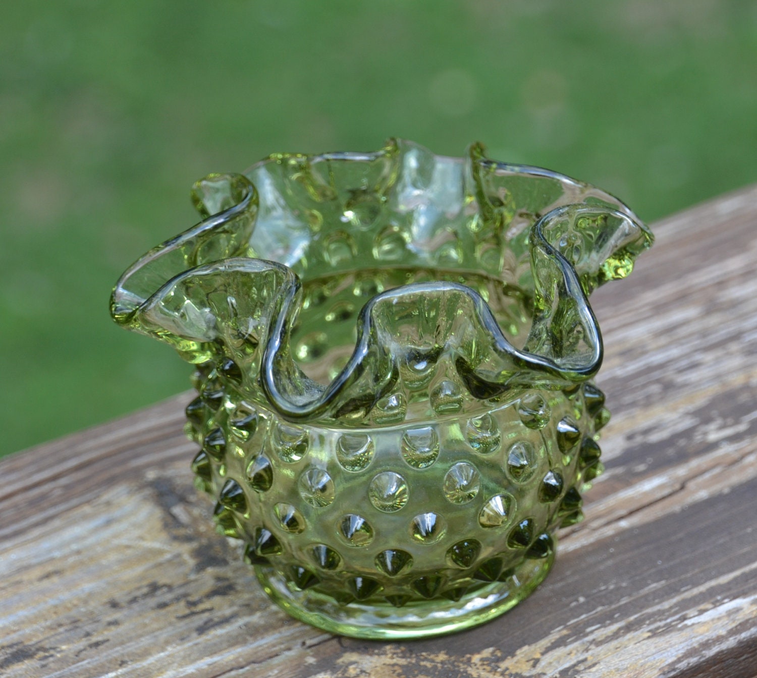 Fenton Small Hobnail Green Vase with Ruffled Edge by Pittypatch