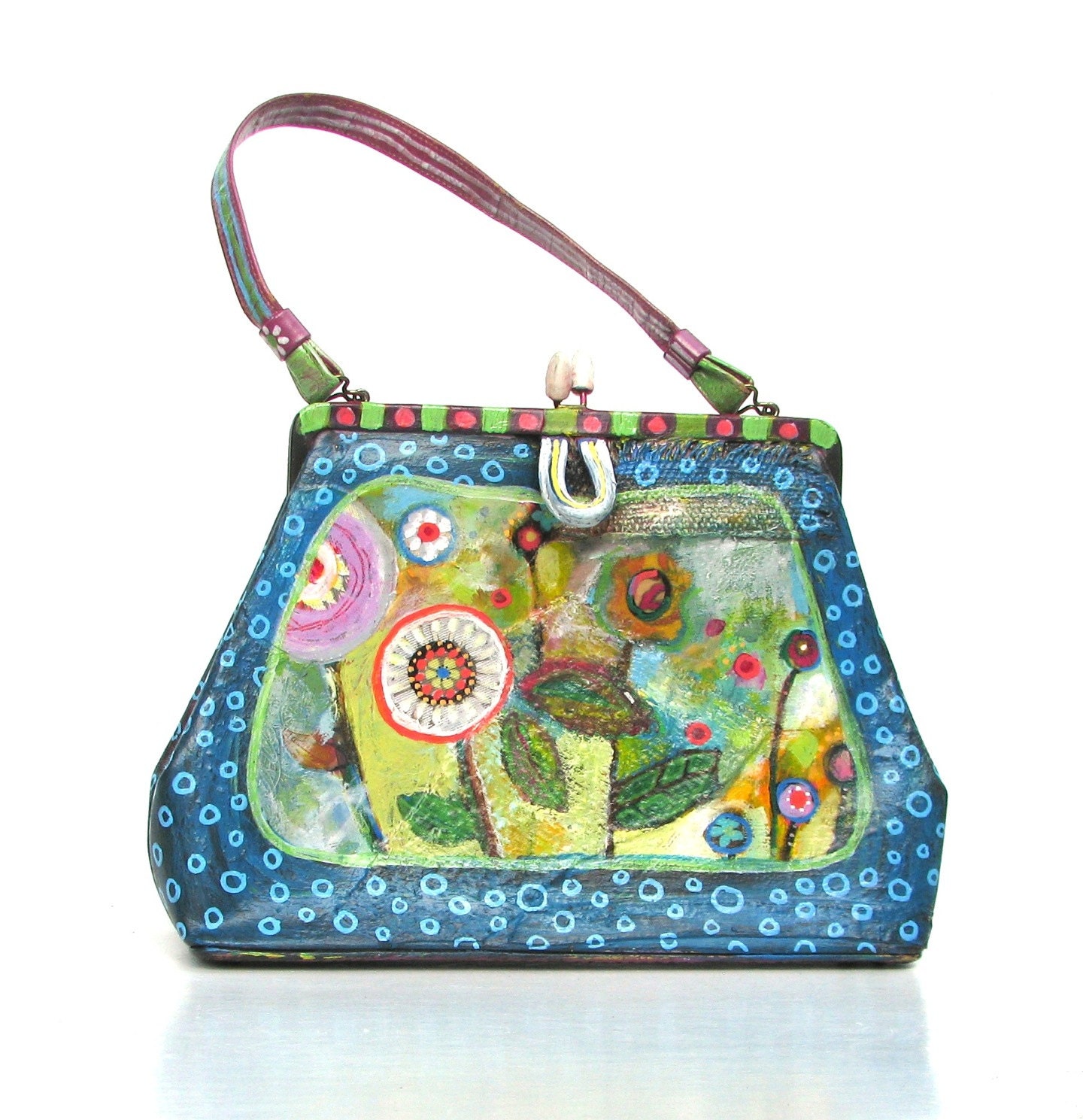 Upcycled Handbag Painted Vintage Vinyl Bag Whimsical Style One of a Kind, Blue Purple Green Multi-Colored