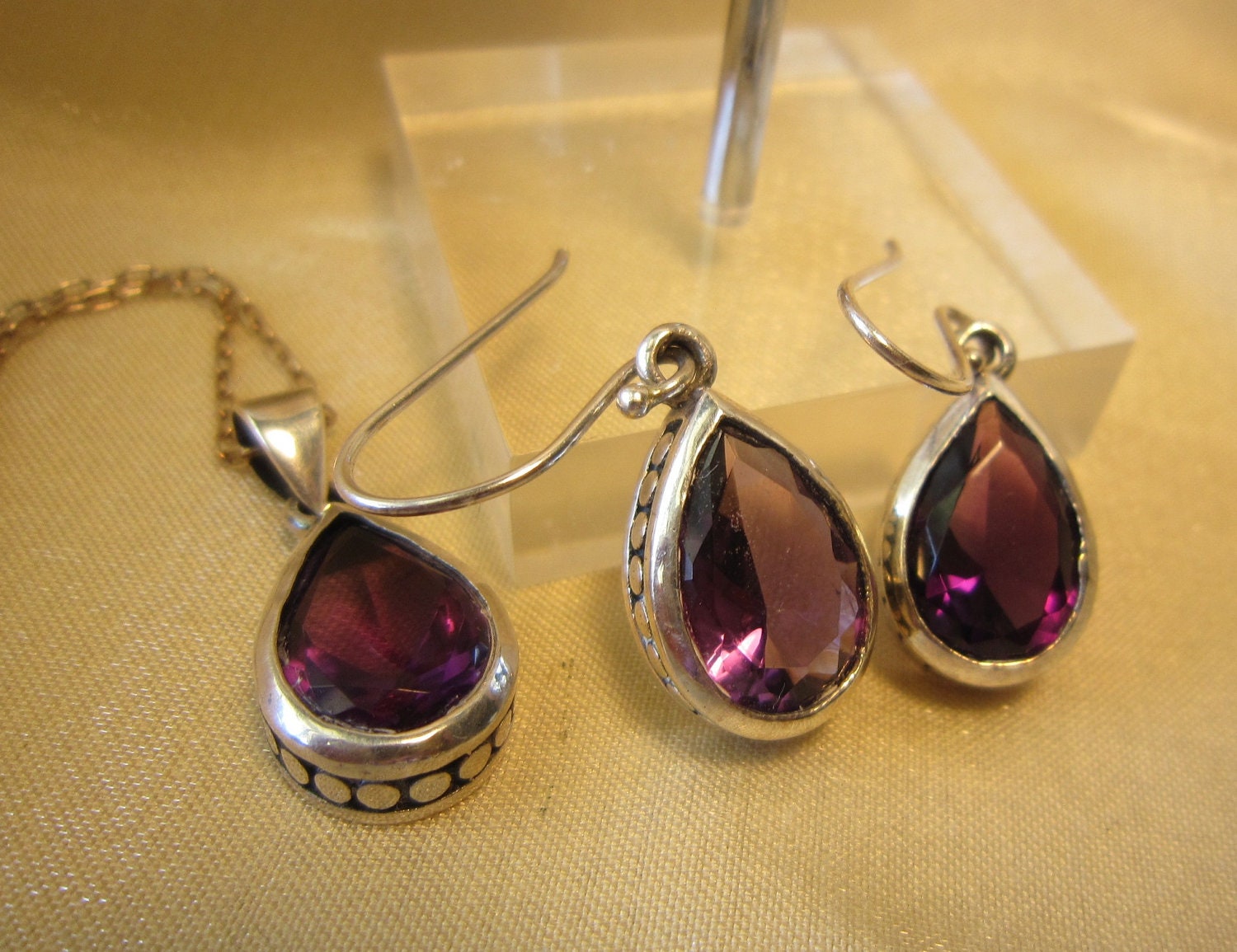 Vintage Sterling Silver Amethyst Necklace and Earrings Set