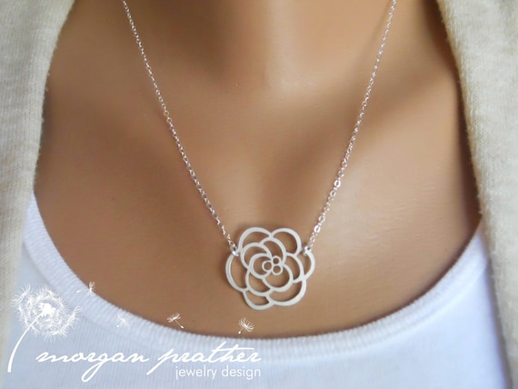 Rose Necklace - silver dainty rose pendant suspended - sterling silver chain - morganprather