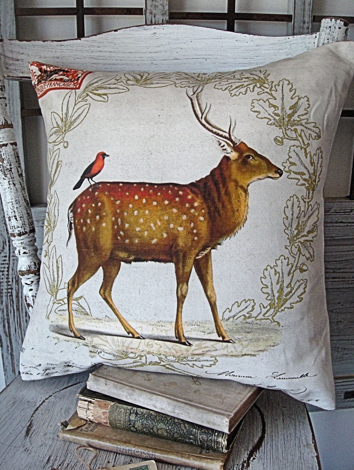 Cotton and Burlap Pillow Burlap Pillow Cover  Woodland Deer