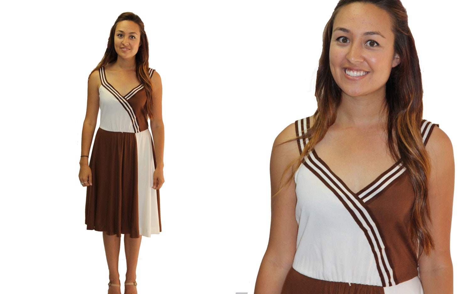 RESERVED  for Jess- VIntage Dress Asymmetric COLOR BLOCK Brown and White