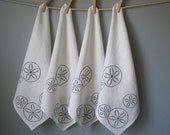 Linen Napkins-Organic -Set of Four Cloth Napkins- Screen Print- Sand Dollar Design