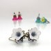 White flower earrings, ice white blue vintage style fairy earring, lotus brass bead caps, lucite tulip crystal beads