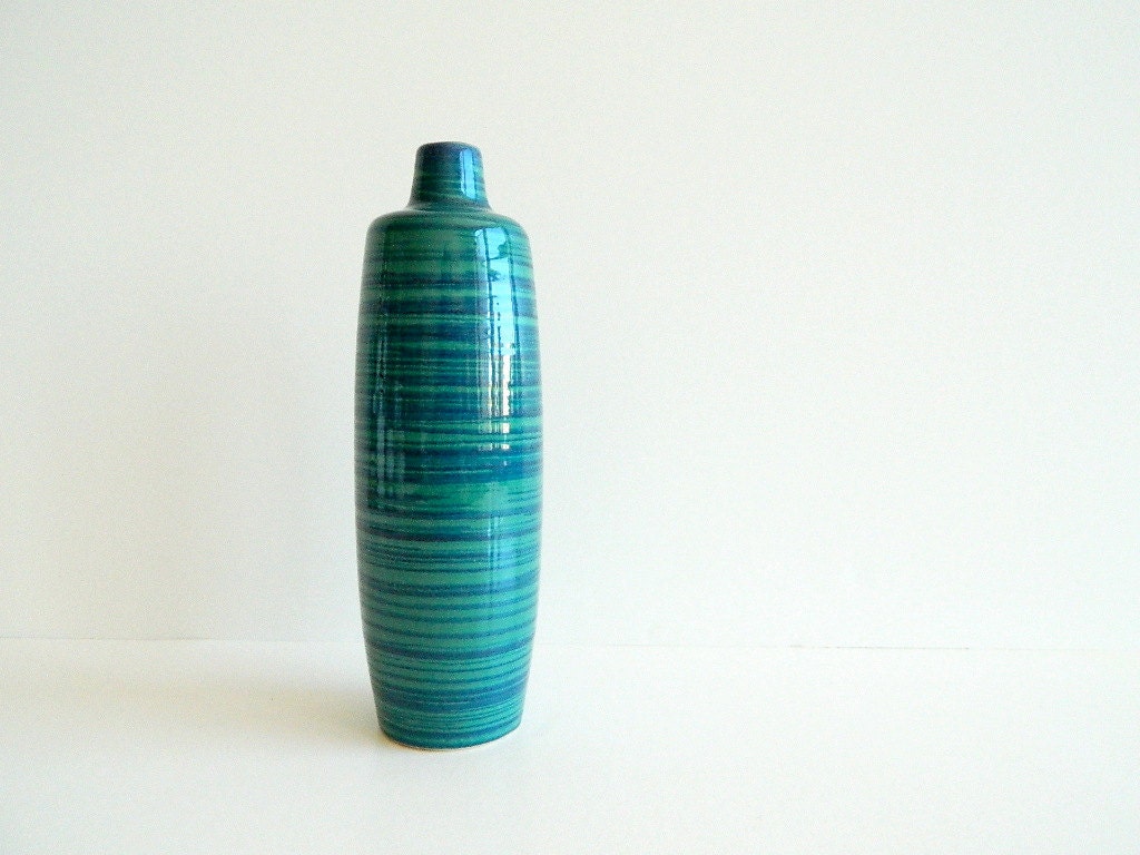 Mod teal and blue striped west german vase