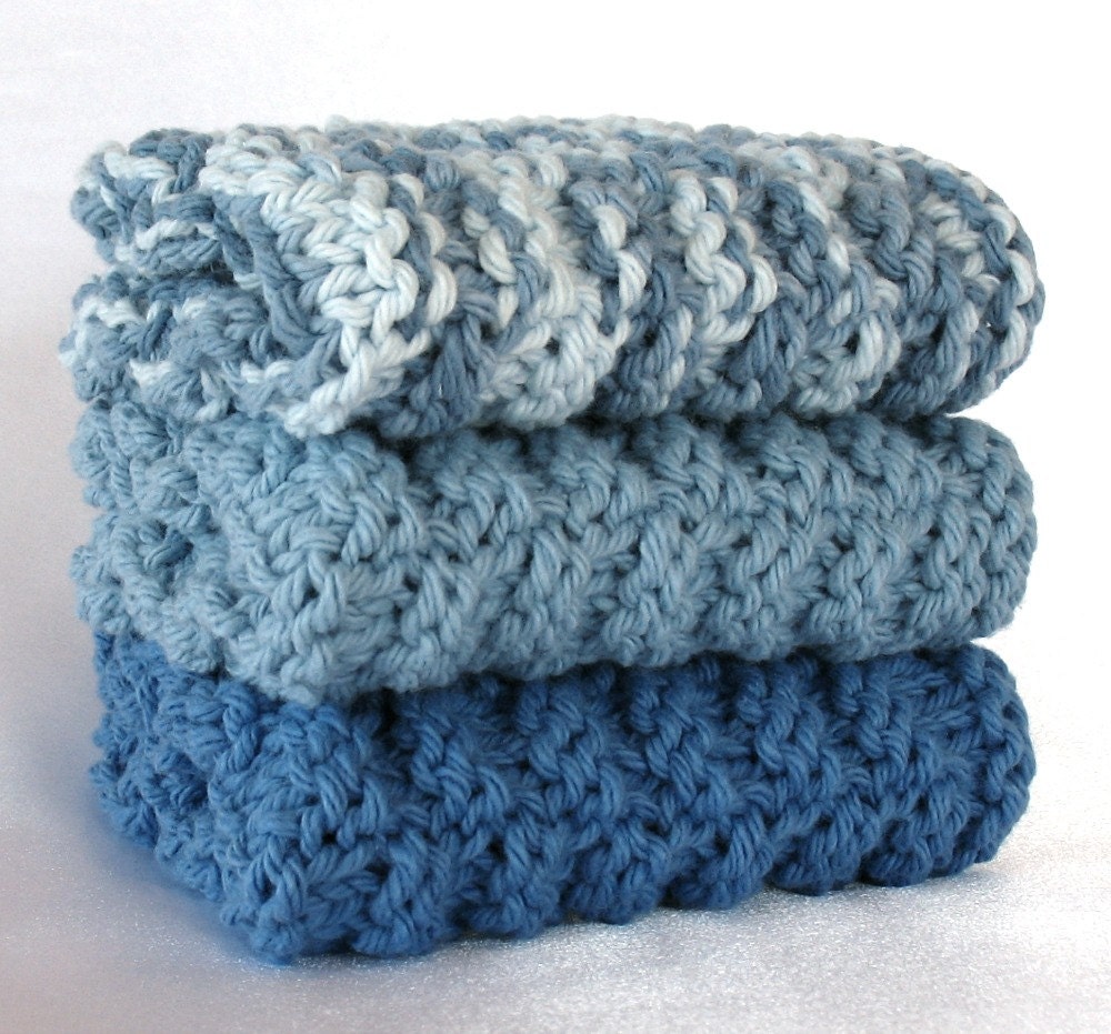 Cotton Dishcloth Knitted Dish Wash Cloth Hand Knit Periwinkle Blue Denim Cornflower Country Soft Face Washcloth - SticksNStonesGifts