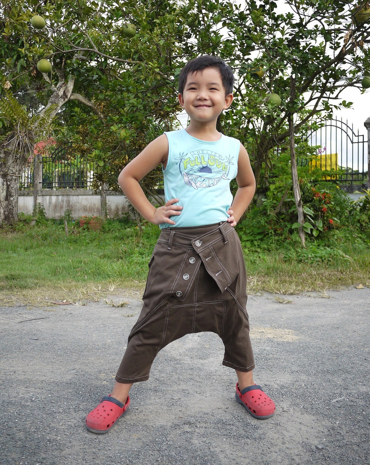 KID' s Unisex Pants - Dark Brown Stretch Cotton Drop Crotch Pants With 1 Patched Pocket